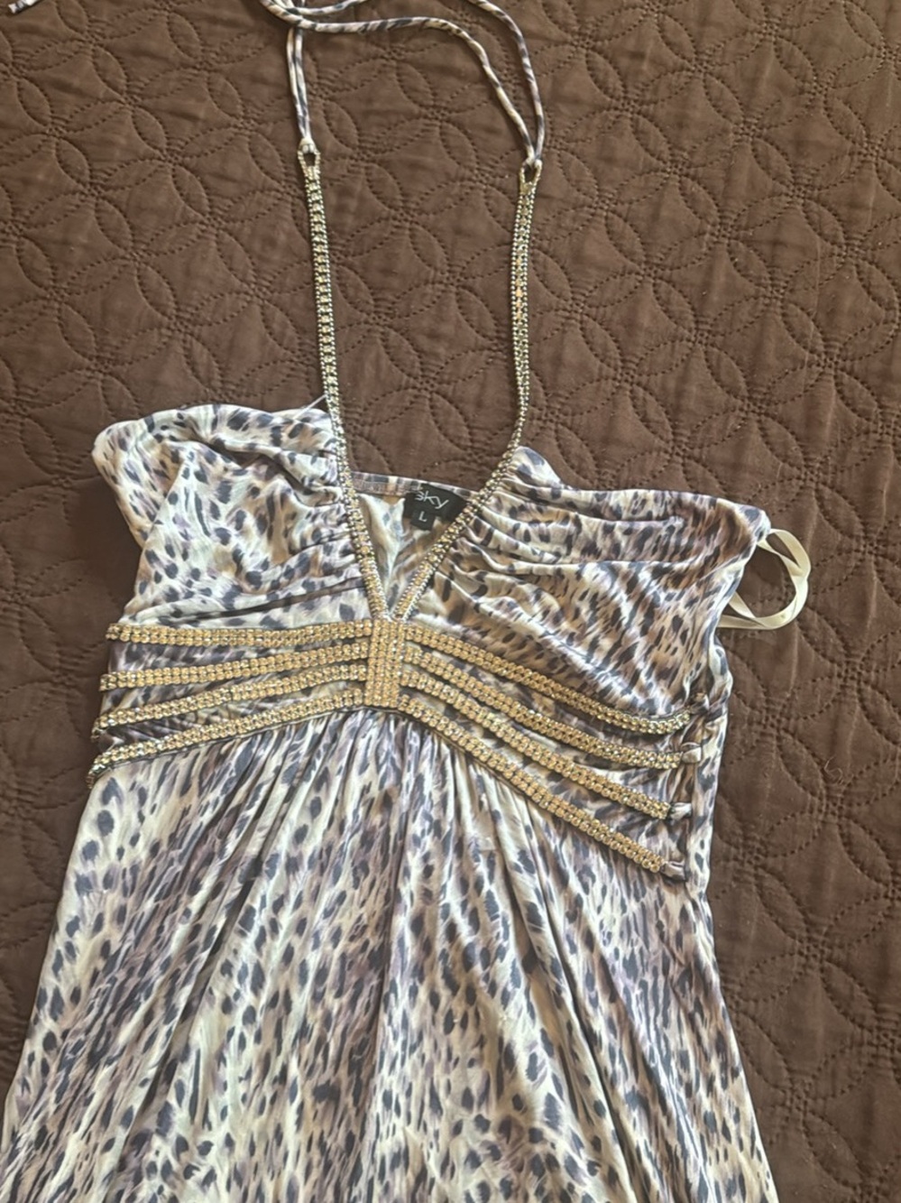Sky Beaded Leopard-Print Halter Top in Beige and Brown - Picture 1 of 2